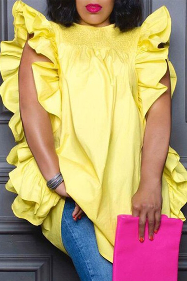 Blusas com decote O em patchwork amarelo fashion casual