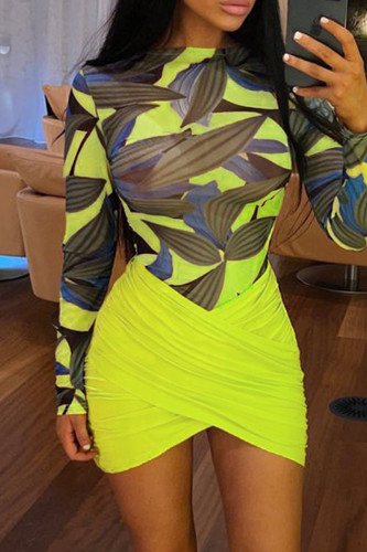 Yellow Sexy Casual Print Asymmetrical O Neck Long Sleeve Two Pieces