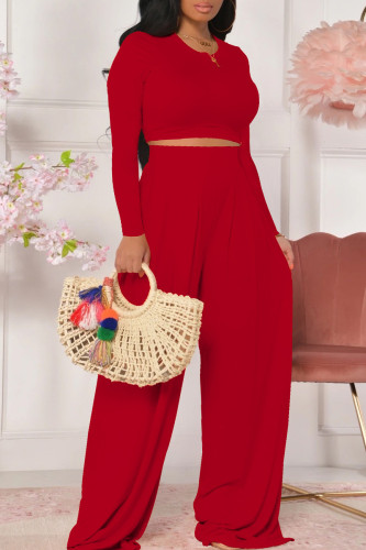 Red Fashion Casual Solid Basic O Neck Long Sleeve Two Pieces