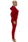 Rojo Moda Casual Sólido Patchwork Cuello con capucha Manga larga Dos piezas