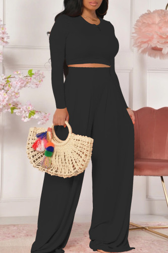 Black Fashion Casual Solid Basic O Neck Long Sleeve Two Pieces