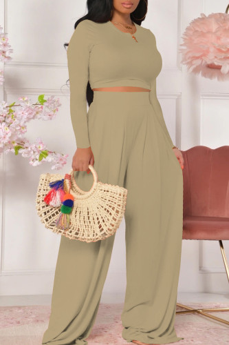 Khaki Fashion Casual Solid Basic O Neck Long Sleeve Two Pieces