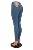 Blue Sexy Solid Hollowed Out Mid Waist Skinny Denim Jeans