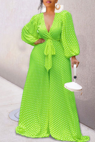 Green Casual Print Polka Dot Bandage Patchwork V Neck Loose Jumpsuits