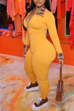 オレンジ ファッション カジュアル パッチワーク ベーシック ジッパー カラー スキニー ジャンプスーツ