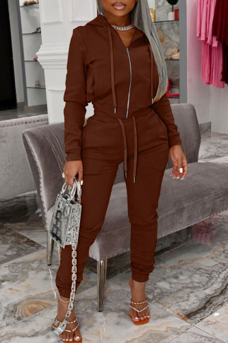 Coffee Casual Hooded Collar Long Sleeve Crop Jackets And Skinny Pants Two Pieces Jogger Set