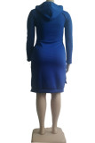 Blue Fashion Casual Print Slit Hooded Collar Long Sleeve Plus Size Dresses
