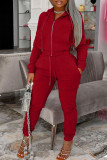 Red Fashion Casual Solid Patchwork Hooded Kraag Lange Mouw Twee Stukken