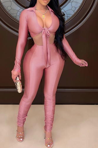 Pink Sexy Solid Patchwork V Neck Long Sleeve Two Pieces