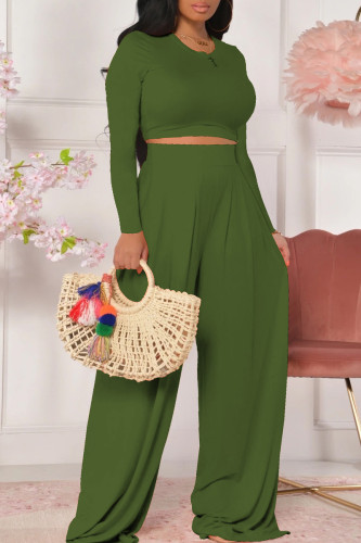Green Fashion Casual Solid Basic O Neck Long Sleeve Two Pieces