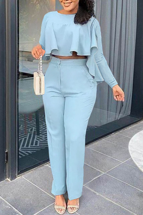 Sky Blue Fashion Casual Solid Patchwork O Neck Long Sleeve Two Pieces