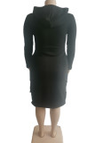 Zwarte mode casual print spleet capuchon kraag lange mouw plus size jurken