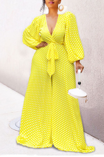 Yellow Casual Print Polka Dot Bandage Patchwork V Neck Loose Jumpsuits
