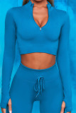 Синий Повседневная спортивная одежда Твердые топы с длинным рукавом