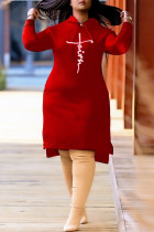 Красный модный повседневный принт с разрезом и воротником с капюшоном с длинным рукавом Платья больших размеров
