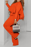 オレンジファッションカジュアルソリッドパッチワークOネック長袖ツーピース