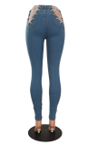 Blue Sexy Solid Hollowed Out Mid Waist Skinny Denim Jeans