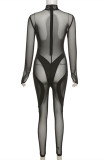 Macacão skinny preto fashion sexy patchwork transparente com gola alta