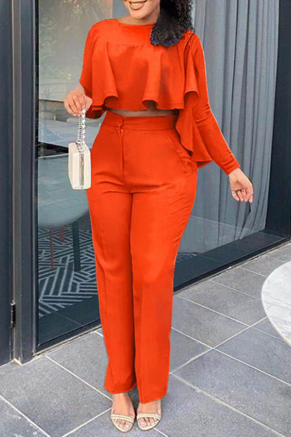 Оранжевый модный повседневный однотонный пэчворк с круглым вырезом и длинным рукавом из двух частей