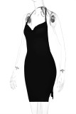 Zwarte sexy effen bandage backless split halter mouwloze jurk