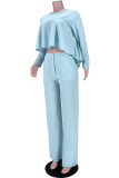 Sky Blue Fashion Casual Solid Patchwork O Neck Long Sleeve Two Pieces