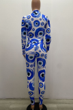 Blu pavone sexy stampa patchwork colletto con risvolto manica lunga due pezzi