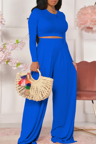 Blue Fashion Casual Solid Basic O Neck Long Sleeve Two Pieces