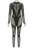 Macacão skinny preto fashion sexy patchwork transparente com gola alta