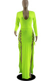 Green Yellow Sexy Solid Patchwork Frenulum High Opening V Neck Straight Dresses