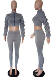 Grey Casual Solid Patchwork Fold Long Sleeve Two Pieces
