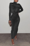 ブラックファッションセレブソリッドパッチワークハーフタートルネックワンステップスカートドレス