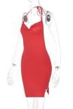 Rode sexy effen bandage backless split halter mouwloze jurk