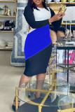 Diepblauwe casual kleurenprint met patchwork, O-hals, éénstapsrok, grote maten jurken