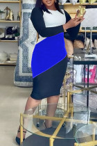 Diepblauwe casual kleurenprint met patchwork, O-hals, éénstapsrok, grote maten jurken