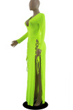 Groen geel sexy effen patchwork frenulum hoge opening rechte jurken met V-hals