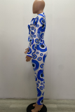 Pauwblauw sexy print patchwork kraag met lange mouwen twee stukken