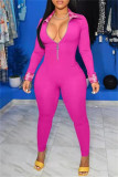 ピンクのファッションカジュアルパッチワークベーシックジッパーカラースキニージャンプスーツ
