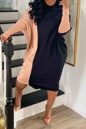 Pink Casual Solid Patchwork Half A Turtleneck Straight Dresses