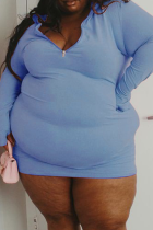 Bleu clair Décontracté Solide Patchwork Col en V Robes Grande Taille