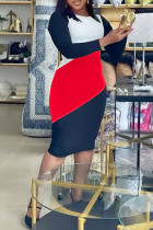 Красная повседневная цветная лоскутная юбка с круглым вырезом и принтом в один шаг Платья больших размеров