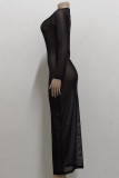 Черное модное сексуальное прозрачное прозрачное пляжное платье с круглым вырезом и длинным рукавом в сеточку с солнцезащитным кремом