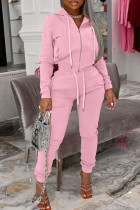 Colletto con cappuccio patchwork solido casual moda rosa manica lunga due pezzi