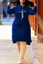 Blauwe mode casual print spleet capuchon kraag lange mouw plus size jurken