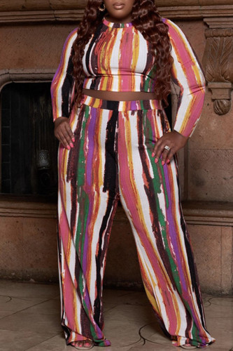 Multicolore Fashion Casual Striped Print Basic O Neck Plus Size Two Pieces