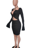 Black Sexy Solid Hollowed Out Patchwork Frenulum Sequins Asymmetrical Collar Pencil Skirt Dresses
