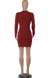 Burgundy Fashion Casual Solid Patchwork V Neck One Step Skirt Dresses