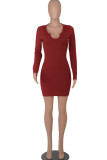 ブルゴーニュ ファッション カジュアル ソリッド パッチワーク V ネック ワンステップ スカート ドレス