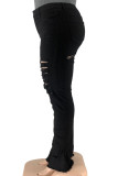 Black Sexy Street Solid Patchwork High Waist Boot Cut Ripped Denim Jeans