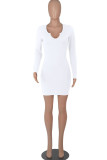 ホワイト ファッション カジュアル ソリッド パッチワーク V ネック ワンステップ スカート ドレス