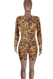 Yellow Sexy Print Hollowed Out Patchwork O Neck Skinny Rompers